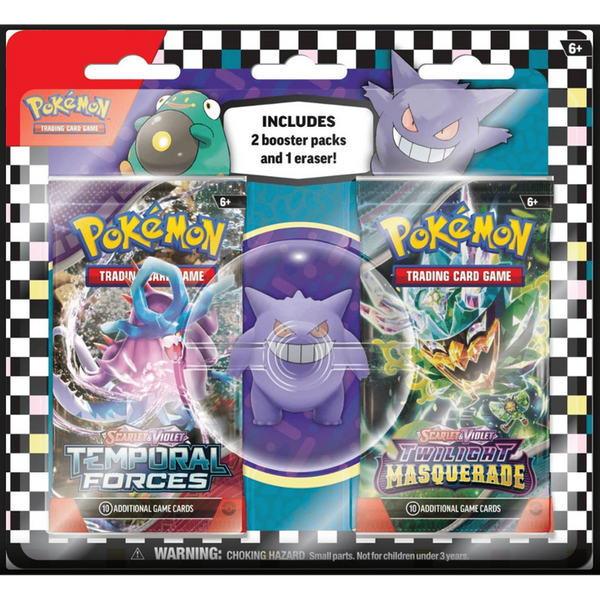 Blíster Pokémon con dos sobres de cartas JCC y una goma de borrar de Gengar en un empaque decorado con cuadros blancos y negros.