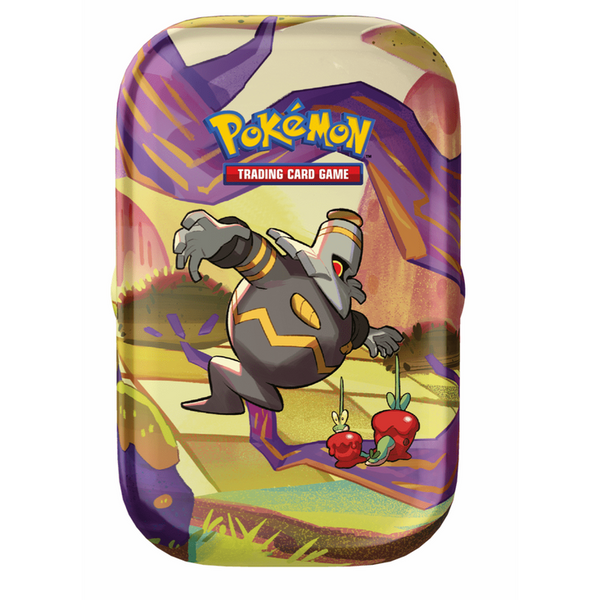 Minilata metálica rectangular de Pokémon Fábula Sombría con ilustración de Dusclops sobre fondo púrpura y amarillo.