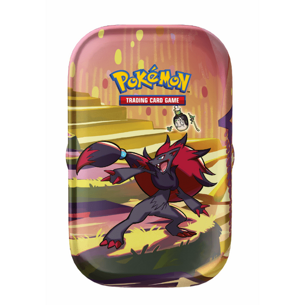 Mini lata metálica Pokémon Fábula Sombría con ilustración de Zoroark sobre fondo de escaleras en tonos cálidos.