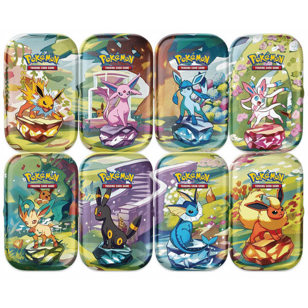 Set de 8 minilatas coleccionables de Pokémon Evoluciones Prismáticas con ilustraciones coloridas de las evoluciones de Eevee.