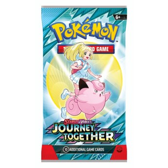 Sobre de cartas Pokémon Juntos de Aventura con Lylia y Clefairy sobre un fondo azul brillante y amarillo.