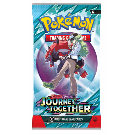 Sobre de cartas Pokémon Juntos de Aventura con diseño azul brillante, N y Zoroark en el centro y logo de la expansión.