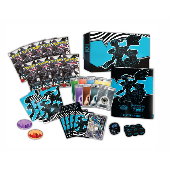 Caja de entrenamiento Pokémon Black Bolt con sobres, fundas, guía, dados de daño y moneda en tonos negro y azul eléctrico.
