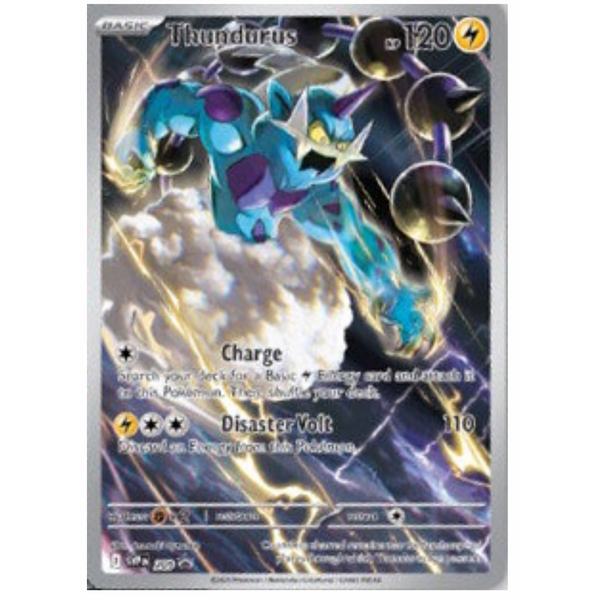 Carta Pokémon Thundurus tipo rayo con ilustración dinámica de tormenta eléctrica y detalles en azul y morado sobre fondo oscuro.