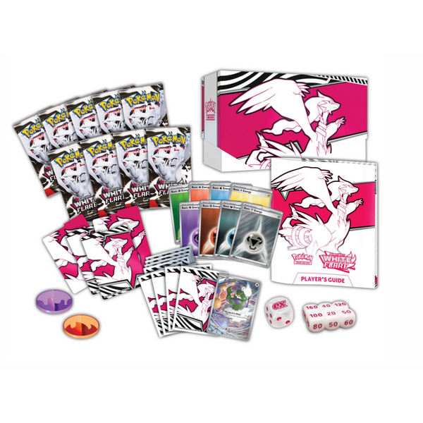 Caja de Élite Entrenador Pokémon White Flare con sobres, guía, fundas, dados y contadores en tonos blanco, rosa y negro.