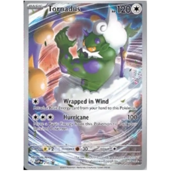 Carta Pokémon Tornadus holográfica con diseño de viento arremolinado, colores verde y blanco, y detalles metálicos plateados.