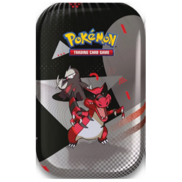 Mini lata metálica Pokémon de color negro con diseño de personajes en rojo y blanco, estilo coleccionable.