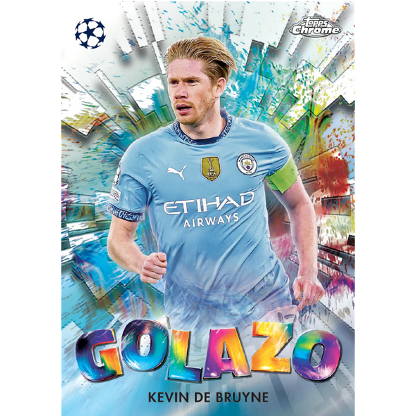 Carta coleccionable Topps Chrome 24/25 de Kevin De Bruyne con diseño brillante Golazo y logo de la UEFA Champions League.