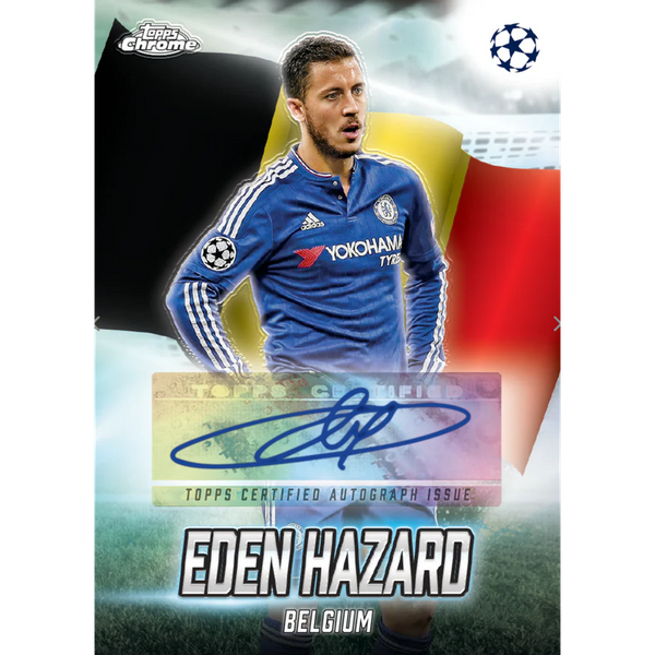 Carta coleccionable Topps Chrome de Eden Hazard con autógrafo, bandera de Bélgica y logo de la UEFA Champions League.