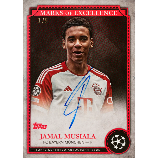 Carta autografiada Topps Chrome 24/25 de Jamal Musiala, diseño Marks of Excellence con borde rojo y detalles en negro.