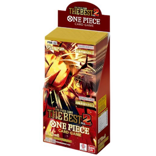 Caja de sobres One Piece PRB-02 The Best Vol. 2 con diseño en tonos rojos y dorados e ilustración de Luffy en acción.