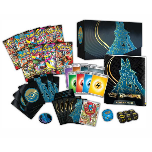 Caja Élite Mega Evolución con sobres, guía del jugador, fundas negras, dados de daño y moneda de Lucario en tonos azul y negro.