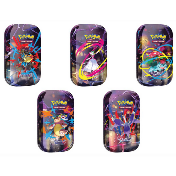 Cinco mini latas metálicas Pokémon con diseños de Megaevolución, colores vibrantes y logotipos de Trading Card Game.