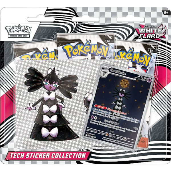 Blister de Pokémon Llama Blanca con tres sobres, una pegatina XL de Gothitelle y una carta promocional brillante.