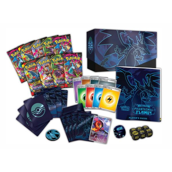 Caja Élite Phantasmal Flames con sobres, cartas, fundas oscuras, guía del jugador, dados de daño y moneda temática de Charizard.