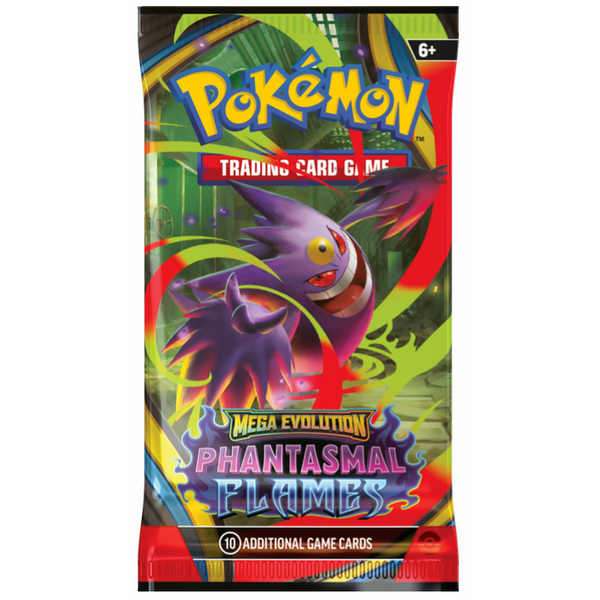 Sobre de cartas Pokémon Phantasmal Flames con diseño de Mega Gengar morado sobre fondo verde y rojo brillante.