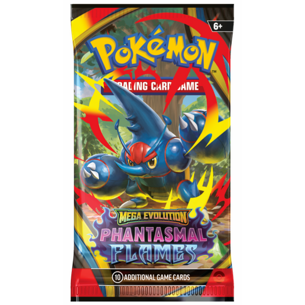 Sobre de cartas Pokémon Phantasmal Flames con Mega Heracross, diseño colorido y logo de Mega Evolución.