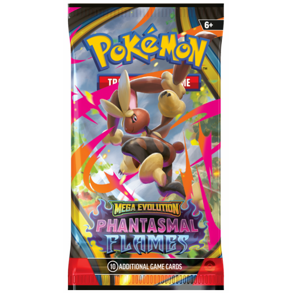 Sobre de cartas Pokémon Phantasmal Flames con diseño de Megaevolución, colores vibrantes y Lopunny en el centro.