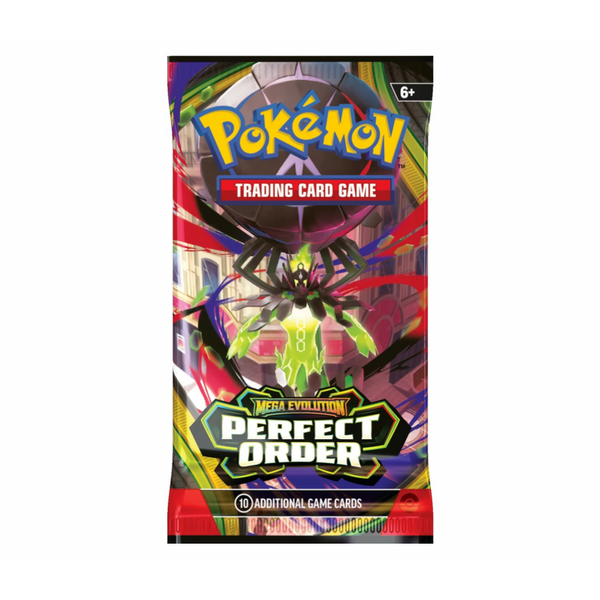 Sobre de cartas Pokémon Perfect Order con Mega Zygarde ex, diseño vibrante en tonos rojos, verdes y negros.