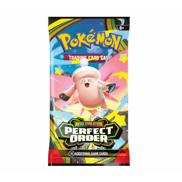 Sobre de cartas Pokémon Perfect Order con Mega Clefable ex, diseño colorido y brillante en tonos azul y rosa.