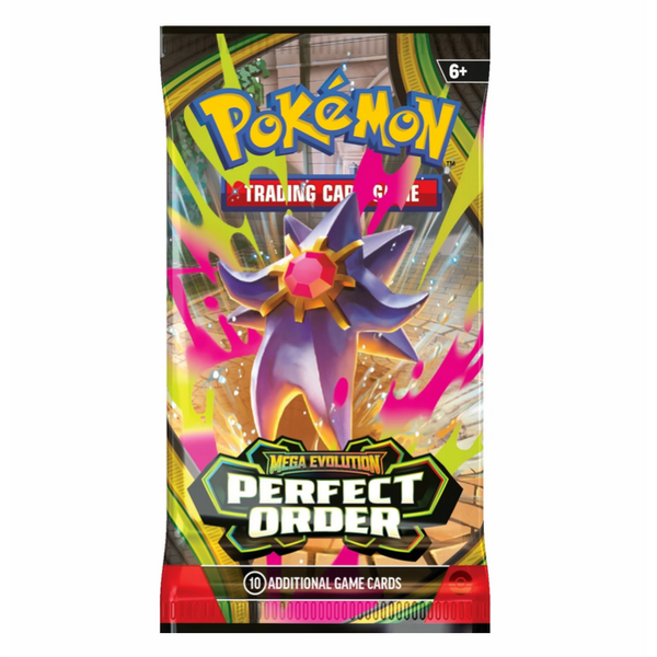 Sobre de cartas Pokémon Perfect Order con Mega Starmie ex, diseño colorido y brillante en tonos violeta y amarillo.