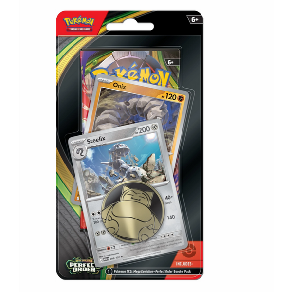 Blister doble de Pokémon TCG Perfect Order con cartas de Onix y Steelix junto a una moneda coleccionable de Snorlax en su empaque.