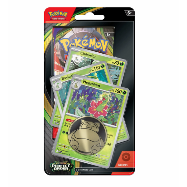Blister Pokémon Perfect Order con cartas de Chikorita, Bayleef y Meganium junto a una moneda metálica de Snorlax.