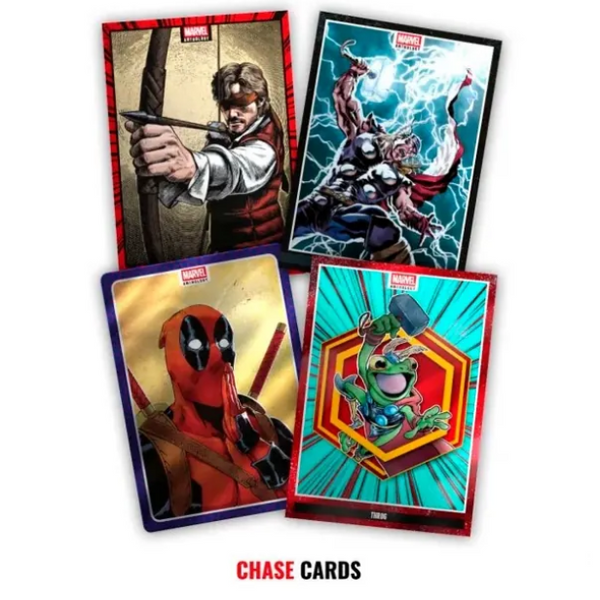 Cuatro cartas coleccionables Marvel Anthology de Panini con ilustraciones detalladas de Hawkeye, Thor, Deadpool y Throg.