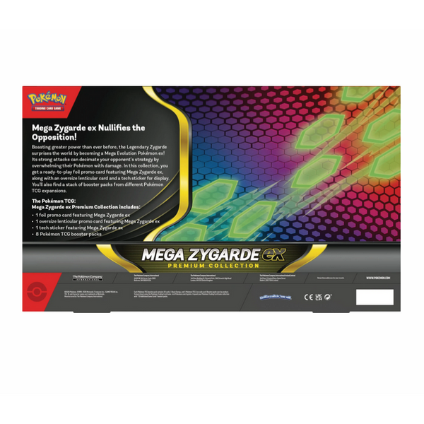 Caja de Mega Zygarde ex Premium Collection con diseño hexagonal verde y negro, incluye sobres y cartas promocionales.