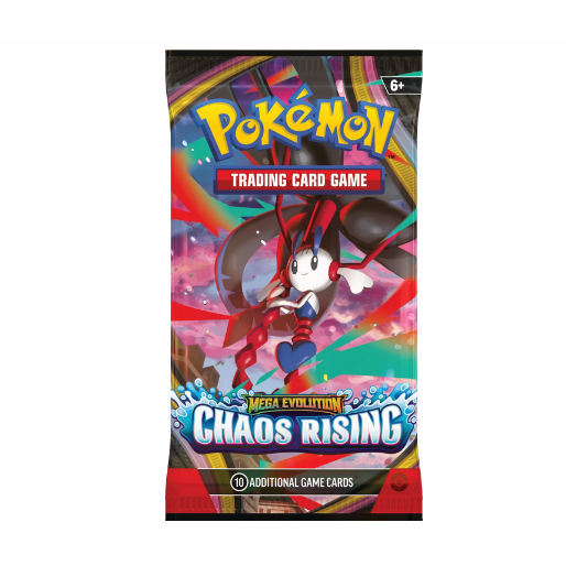Sobre de cartas Pokémon Chaos Rising con Mega Floette ex, diseño colorido y brillante con logo de Mega Evolución.