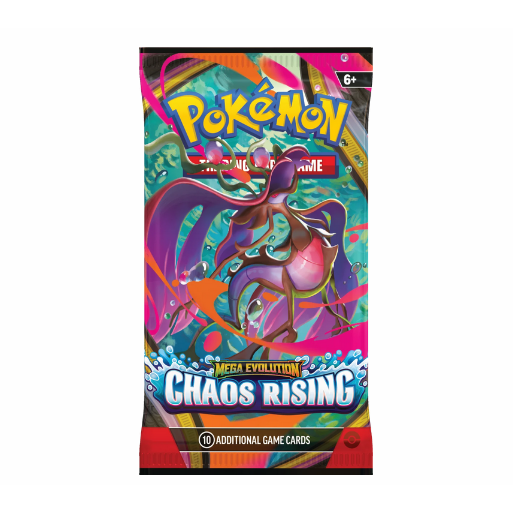Sobre de cartas Pokémon Chaos Rising con Mega Dragalge ex, diseño colorido en tonos rosas y azules sobre fondo acuático.