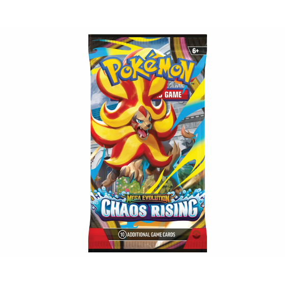 Sobre de cartas Pokémon Chaos Rising con Mega Pyroar, diseño colorido y logo oficial en empaque sellado de 10 cartas.