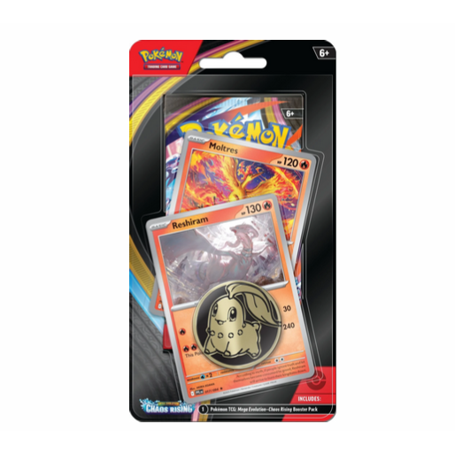 Blister doble Pokémon Chaos Rising con cartas de Moltres y Reshiram, moneda coleccionable y sobre de expansión.