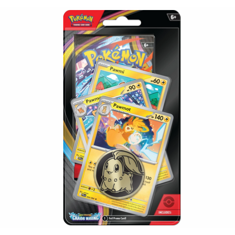 Blister Pokémon Chaos Rising con cartas promocionales de Pawmi y Pawmot y una moneda coleccionable metálica.