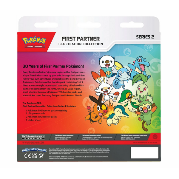Reverso de la caja Pokémon First Partner Series 2 con ilustraciones coloridas de los Pokémon iniciales de Johto, Unova y Galar.
