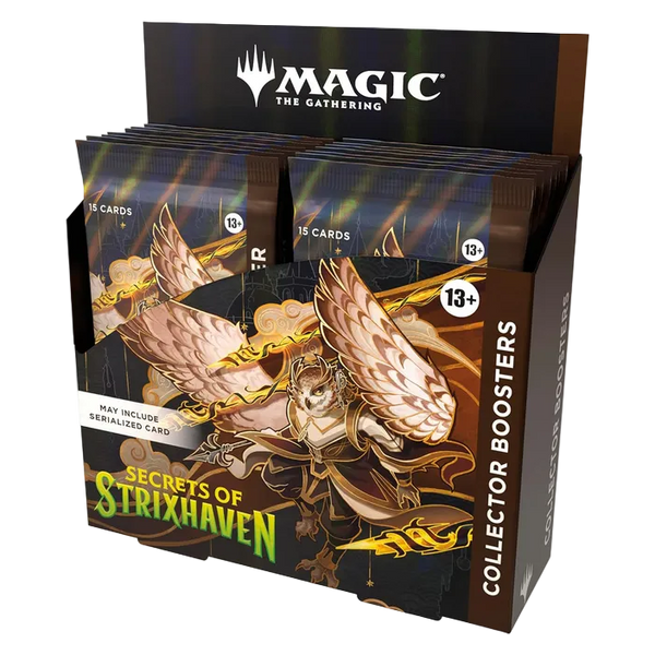 Caja de sobres Magic The Gathering Secrets of Strixhaven con diseño de búho alado y detalles en tonos dorados y oscuros.