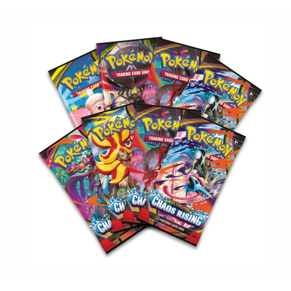 Ocho sobres de expansión Pokémon TCG Chaos Rising con ilustraciones coloridas y logos brillantes en abanico.