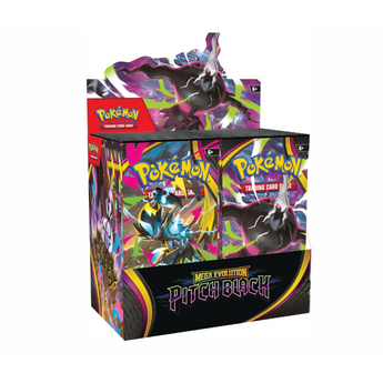 Caja de 36 sobres de cartas Pokémon Oscuridad Absoluta con diseño de Mega-Darkrai y Mega-Zeraora en tonos oscuros y neón.
