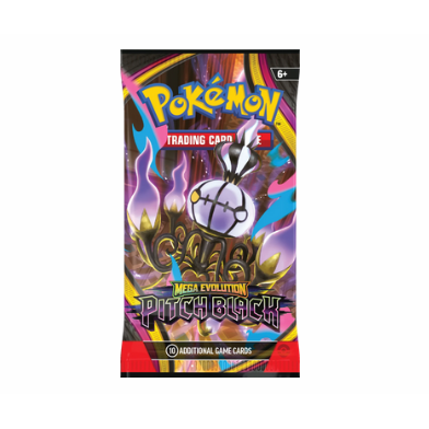 Sobre de cartas Pokémon Pitch Black con diseño oscuro y morado, destacando a Mega Chandelure y el logo de Oscuridad Absoluta.