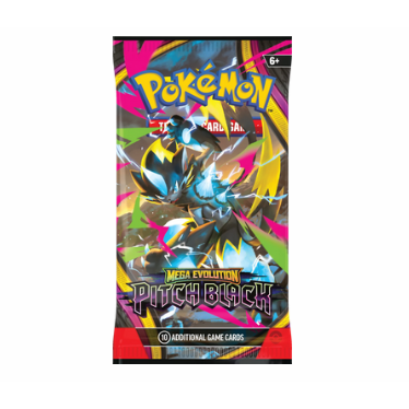 Sobre de cartas Pokémon Pitch Black con diseño de Zeraora, colores vibrantes y logo de Mega Evolución en fondo oscuro.