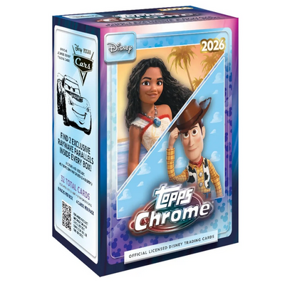 Caja de cartas Topps Chrome Disney 2026 con Moana y Woody, diseño brillante azul y morado con 32 cartas coleccionables.