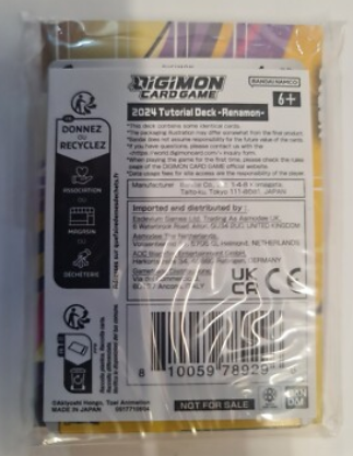 Parte trasera del Digimon Card Game Tutorial Deck Renamon en su empaque plástico sellado con información técnica y código de barras.
