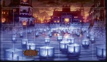 Weiss Schwarz playmat featuring a glowing lantern festival scene at a traditional Japanese temple at dusk.