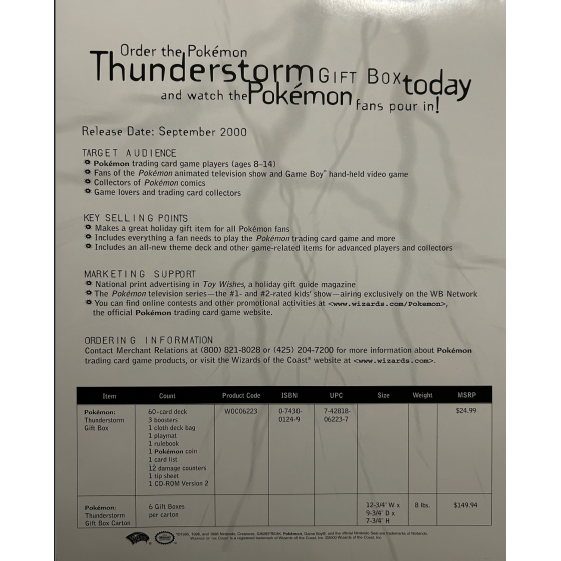 Panfleto informativo vintage de Pokémon Thunderstorm Gift Box de Wizards of the Coast con detalles técnicos y precios.
