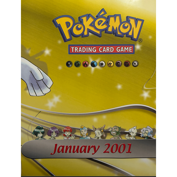 Panfleto promocional amarillo de Pokémon Neo Genesis con logo, iconos de energía y personajes de la era Wizards of 2001.