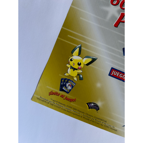 Póster vintage de Pokémon Neo Genesis con Pichu, logo de Wizards of the Coast y texto promocional sobre fondo dorado.