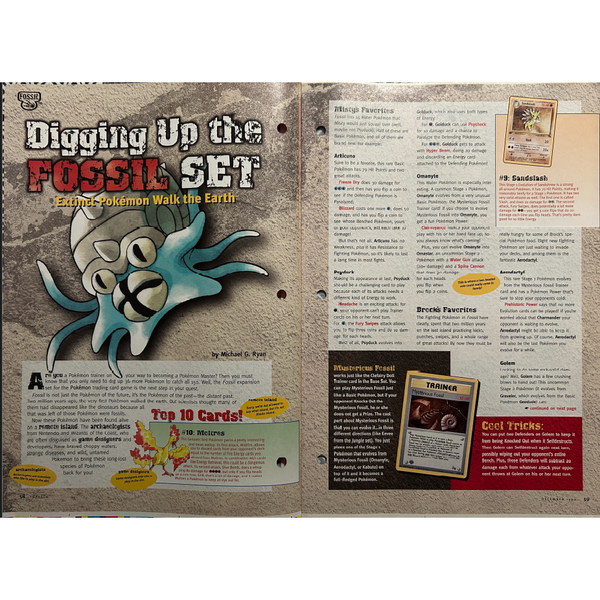 Revista oficial Pokémon Fossil de Wizards of the Coast con ilustraciones de cartas, guías de juego y texto informativo.