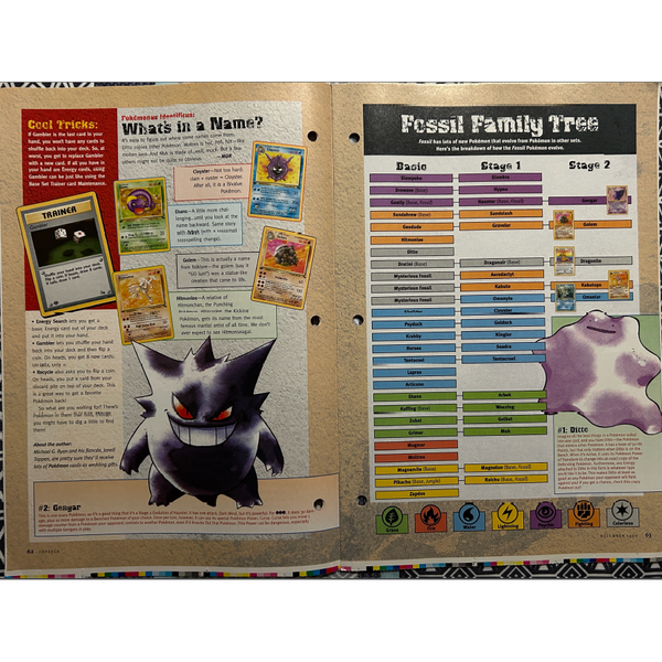 Revista oficial Pokémon Fossil de Wizards of the Coast con ilustraciones de Gengar, Ditto y el árbol evolutivo del set.