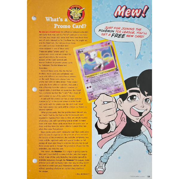 Página vintage de guía Pokémon TCG de Wizards of the Coast con texto informativo y una ilustración de Mew promocional.