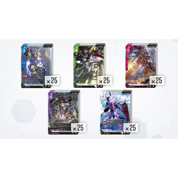 Cinco grupos de 25 cartas coleccionables de Gundam TCG con ilustraciones detalladas de mechas en colores vibrantes.